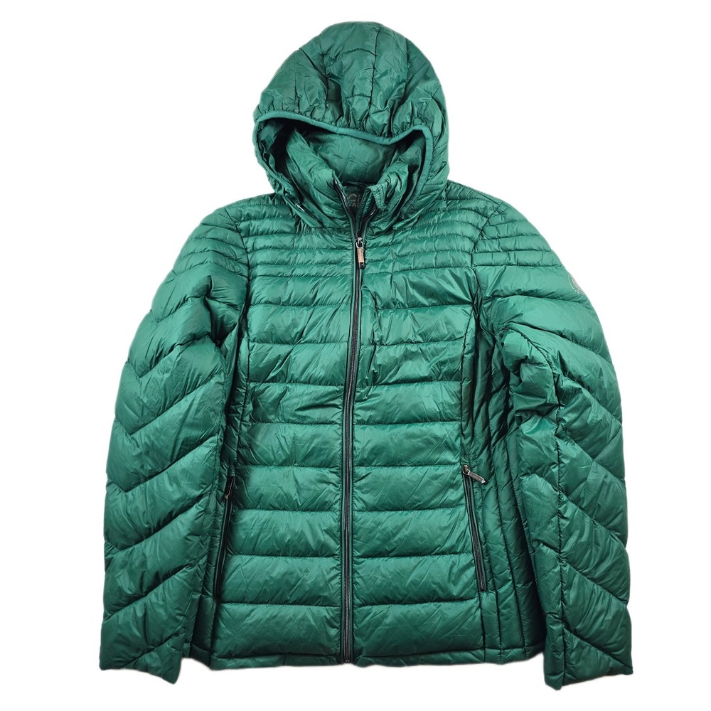 Michael Kors Down Puffer Jacket Womens Medium Green Packable Hooded Coat